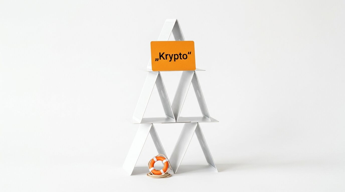 Kartenhaus mit Karte „Krypto“ oben und Rettungsring davor auf weißem Grund