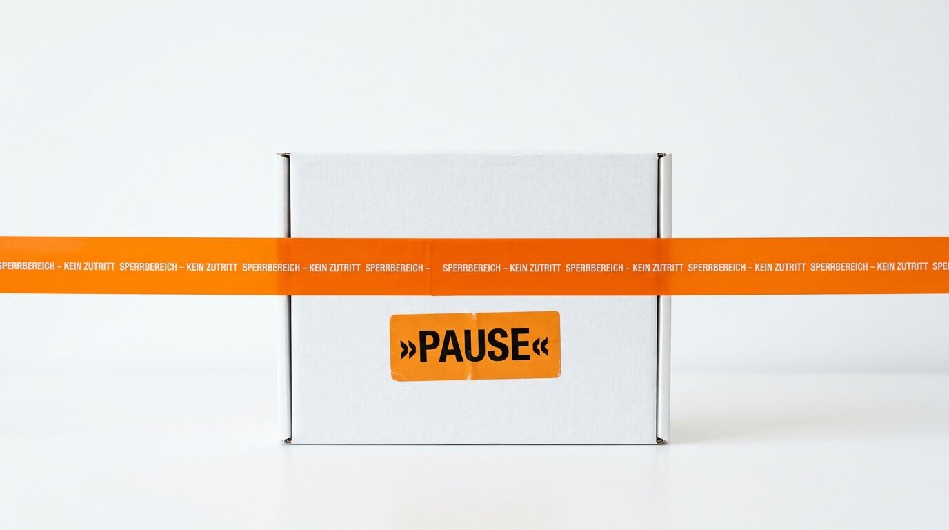 Ein weißer Karton mit einem orangefarbenen »PAUSE«-Sticker und einem orangefarbenen Absperrband