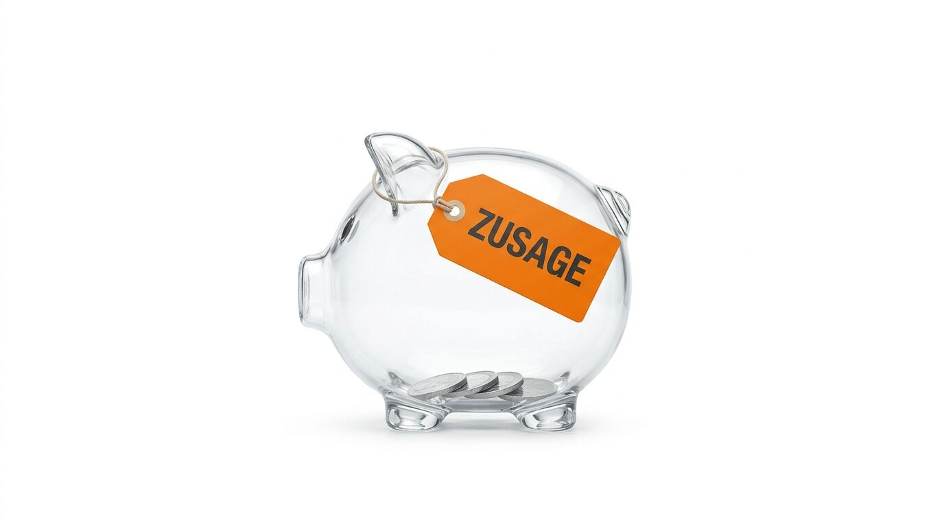 Ein Glas-Sparschwein mit Münzen und einem Anhänger mit dem Wort „ZUSAGE“