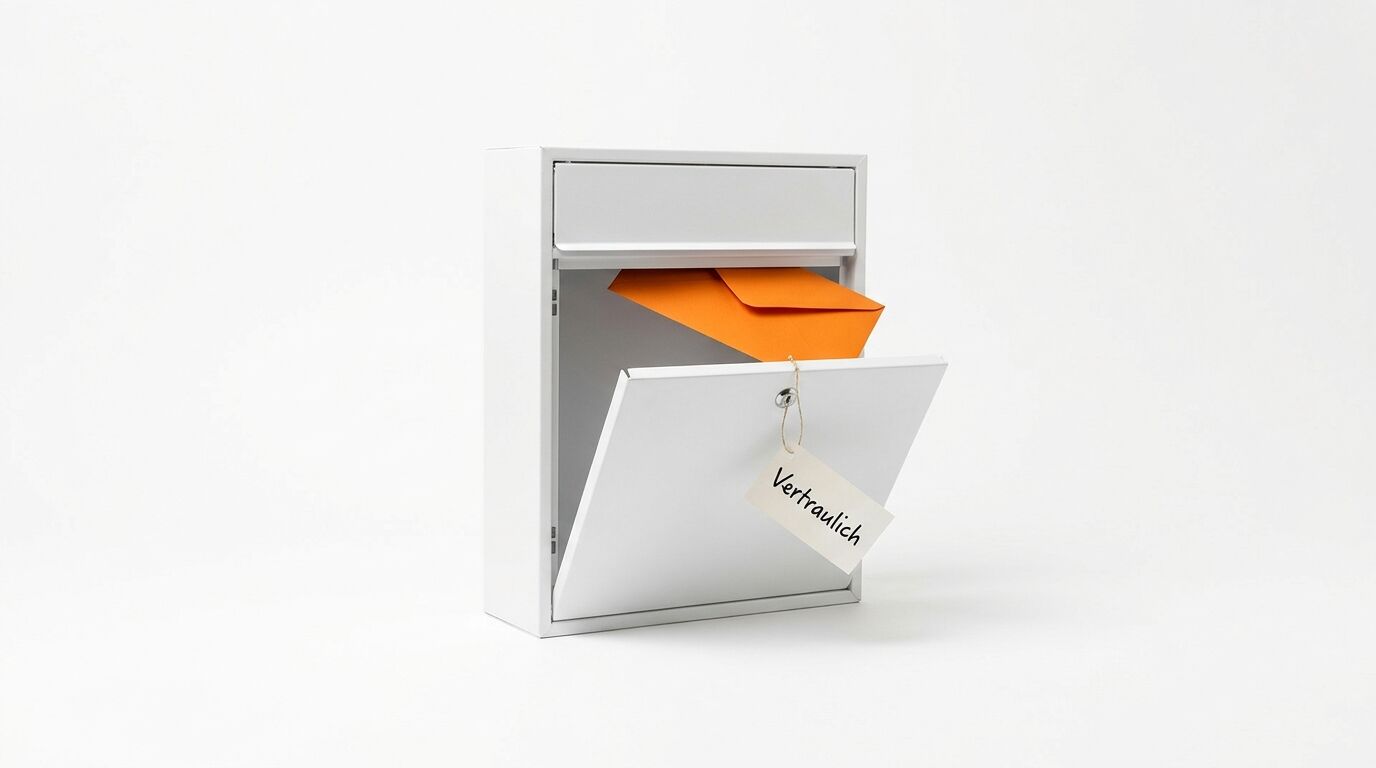 Offener weißer Briefkasten mit orangem Umschlag und Anhänger „Vertraulich“