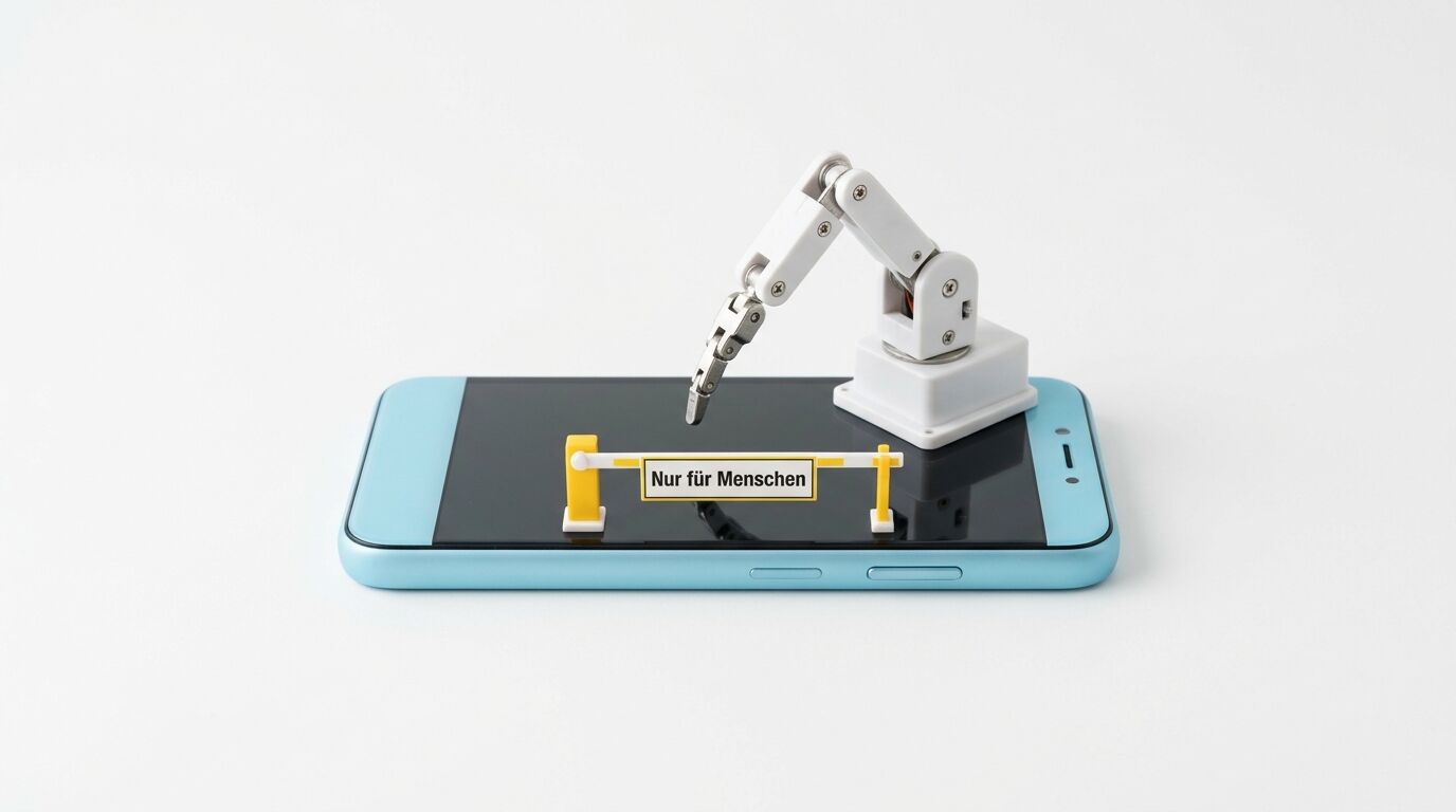 Roboterarm vor Sperrschranke auf Smartphone-Display mit Aufschrift „Nur für Menschen“