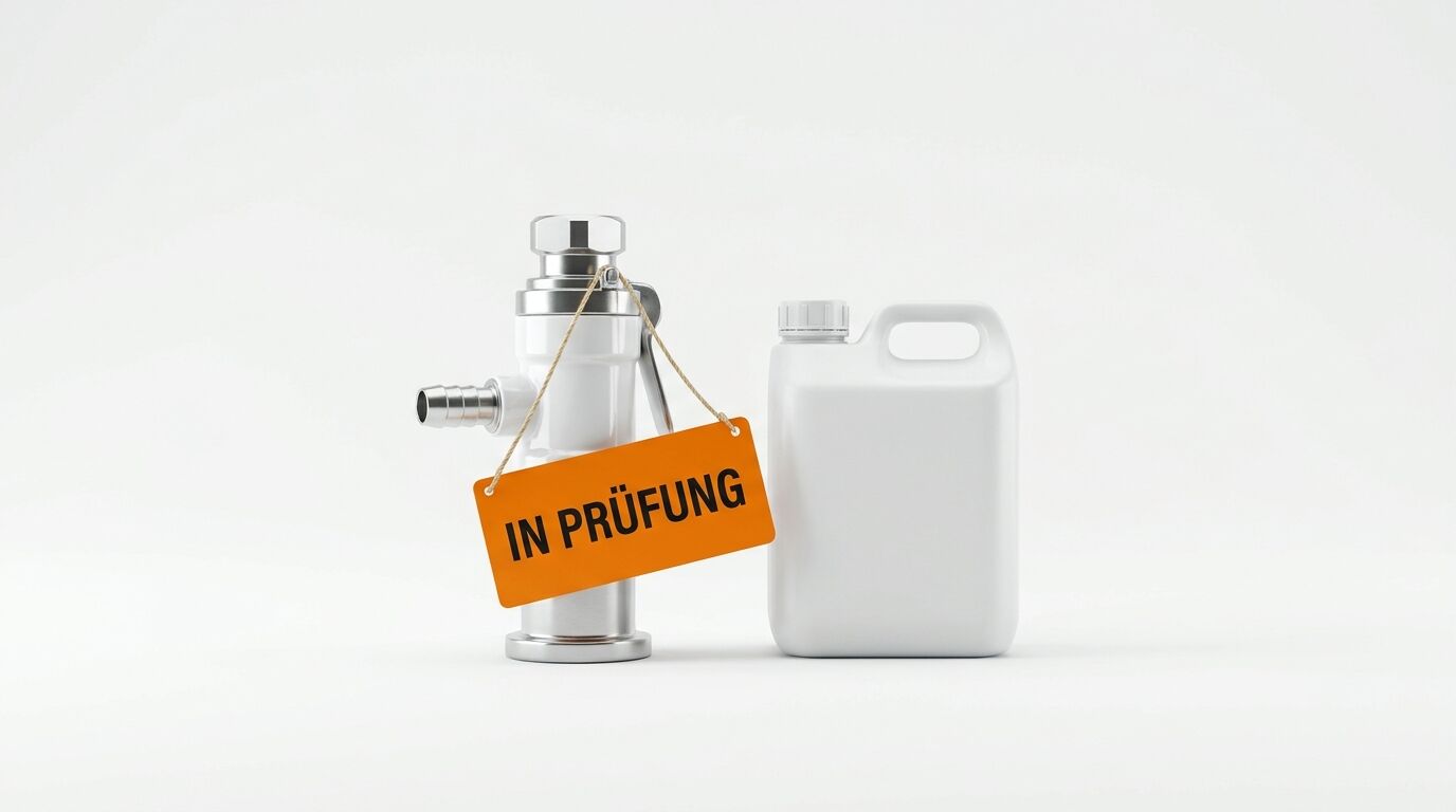 Druckluft-Fettpresse mit orangefarbenem Anhänger und leerem Kanister vor weißem Hintergrund