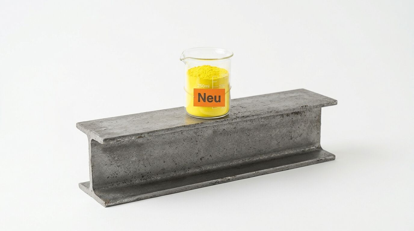Ein Becherglas mit gelbem Pulver und der Aufschrift „Neu“ steht auf einem Stahlträger