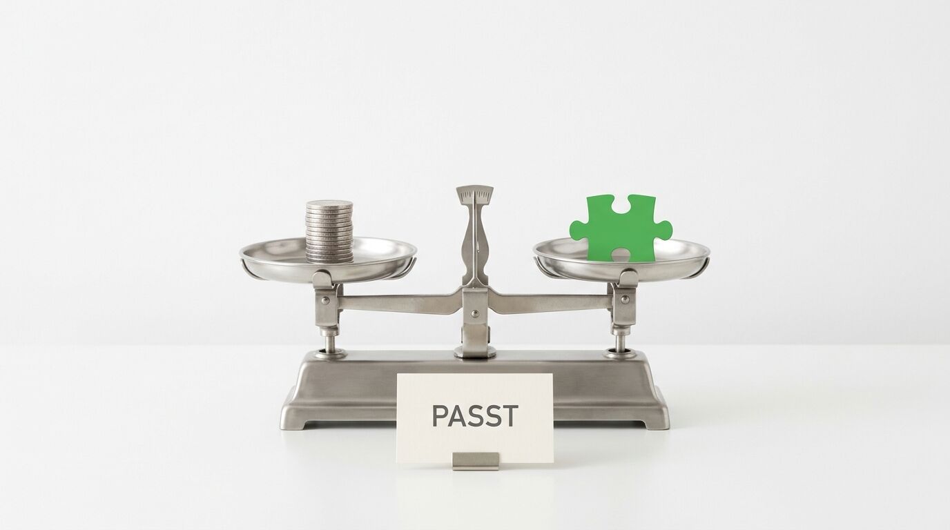 Eine Waage mit "PASST" beschriftet. Auf der linken Seite eine Münze, rechts ein grünes Puzzleteil, beide im Gleichgewicht