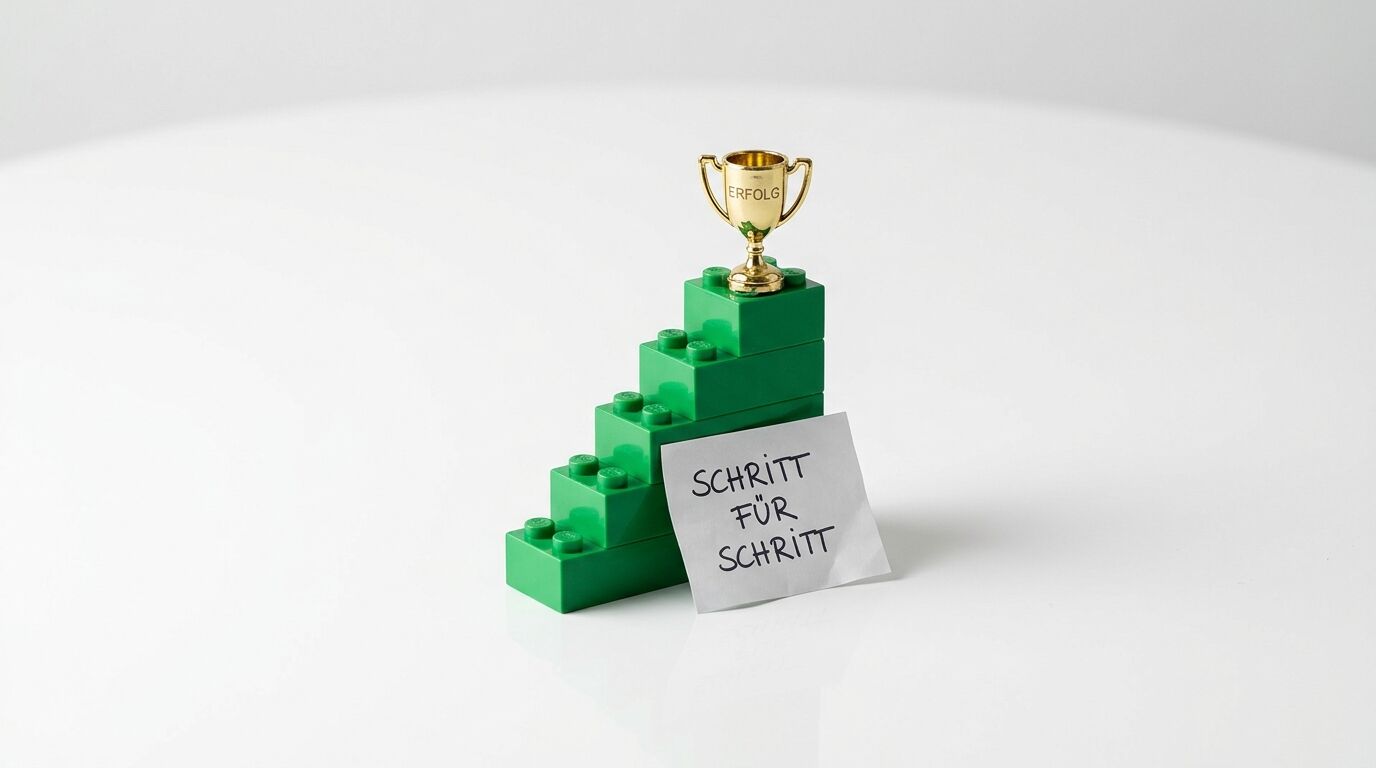 Grüne Legotreppe mit goldenem Pokal oben und Schild "Schritt für Schritt" davor, auf weißem Hintergrund