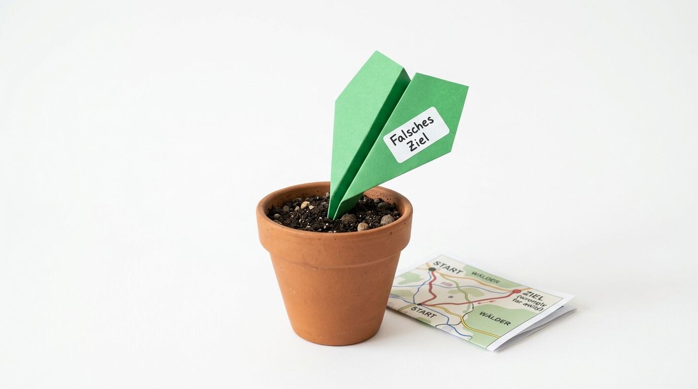Grüne Papierpflanze in Terracotta-Topf mit Etikett "Falsches Ziel" und Wanderkarte daneben