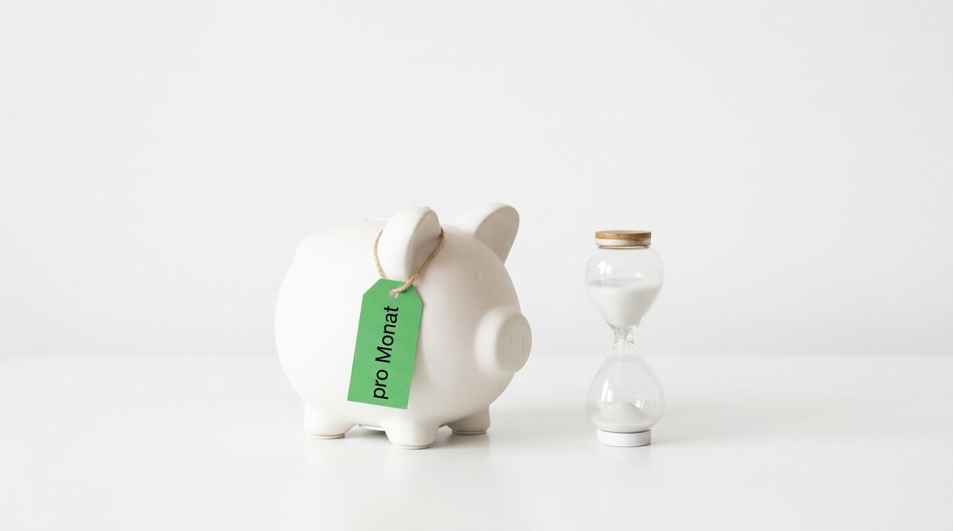 Weißes Sparschwein mit grünem Etikett "pro Monat" neben einer Sanduhr auf grauem Hintergrund