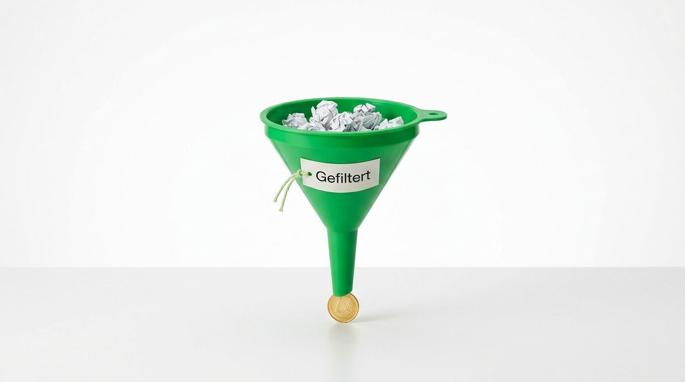 Grüner Trichter mit "Gefiltert"-Aufschrift, gefüllt mit Papierschnipseln, an goldener Münze hängend