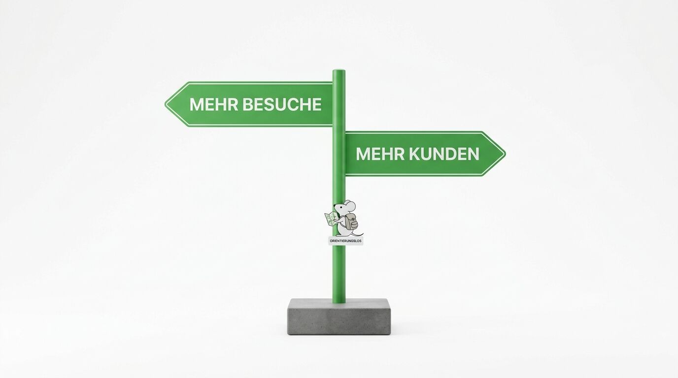 Grünes Wegweiser-Schild mit zwei Richtungen: "MEHR BESUCHE" nach links, "MEHR KUNDEN" nach rechts, mit Orientierungsbiene-Logo