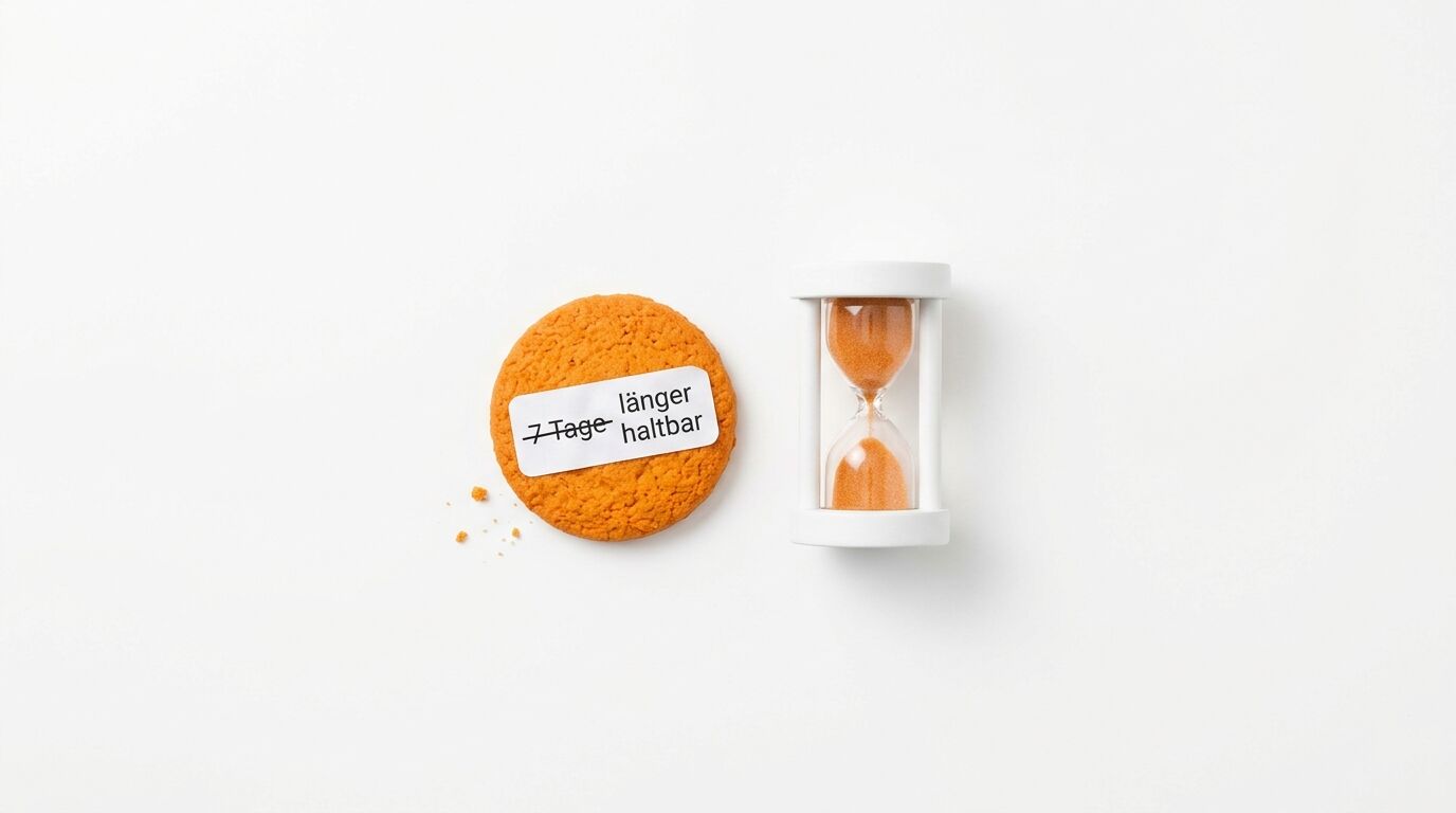 Ein Keks mit einem Etikett, auf dem steht: '7 Tage länger haltbar' und eine Sanduhr