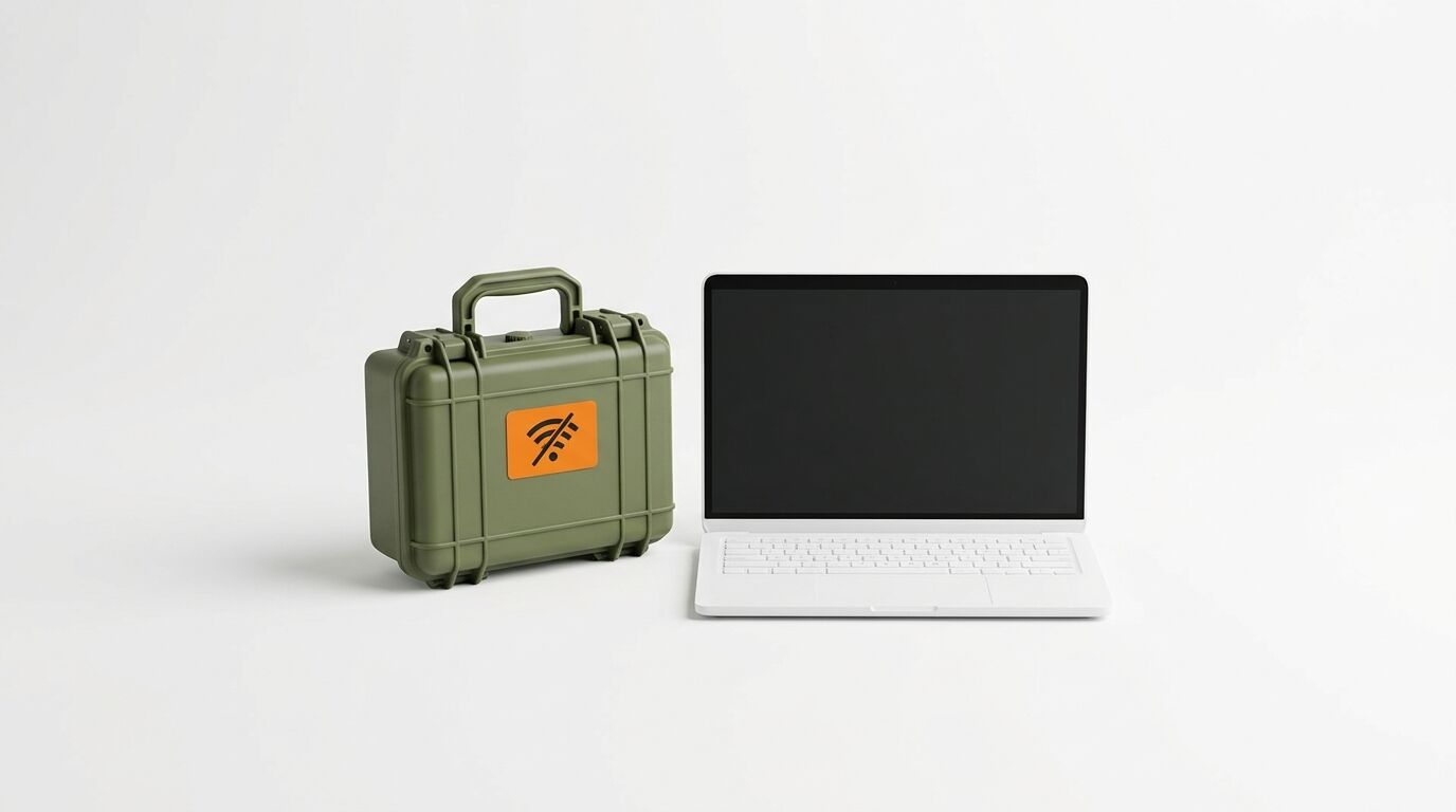 Grüner Schutzkoffer mit durchgestrichenem WLAN-Symbol und ein weißer Laptop auf hellem Grund