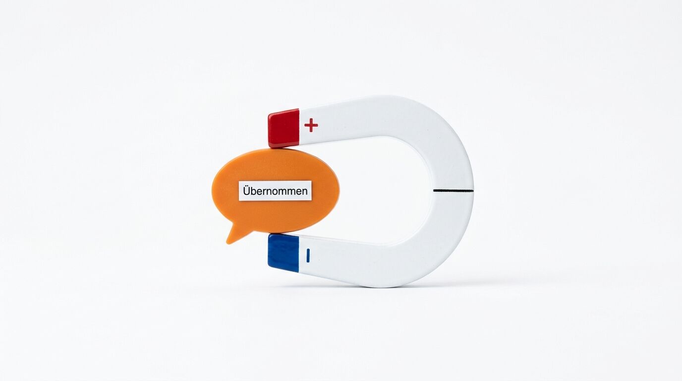 Ein Magnet zieht eine Sprechblase mit dem Wort „Übernommen“ an