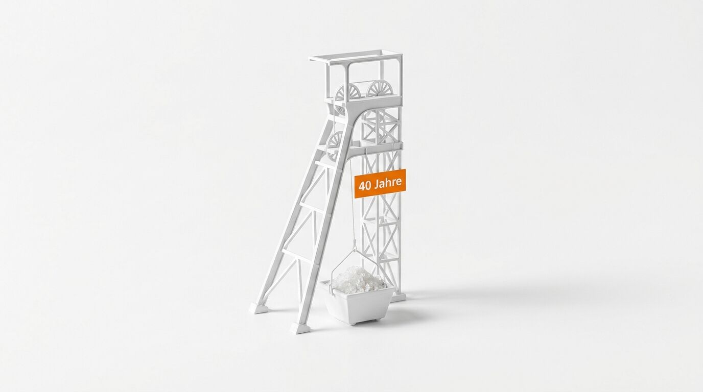 Weißes Förderturm-Modell mit Schüttgutlore, orangem Schild und Aufschrift „40 Jahre“