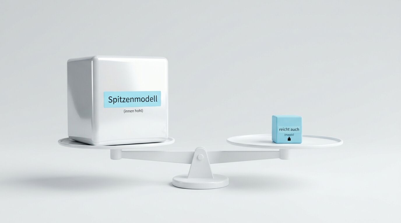 Waage mit großem „Spitzenmodell“-Würfel und kleinem „reicht auch“-Gewicht im Gleichgewicht