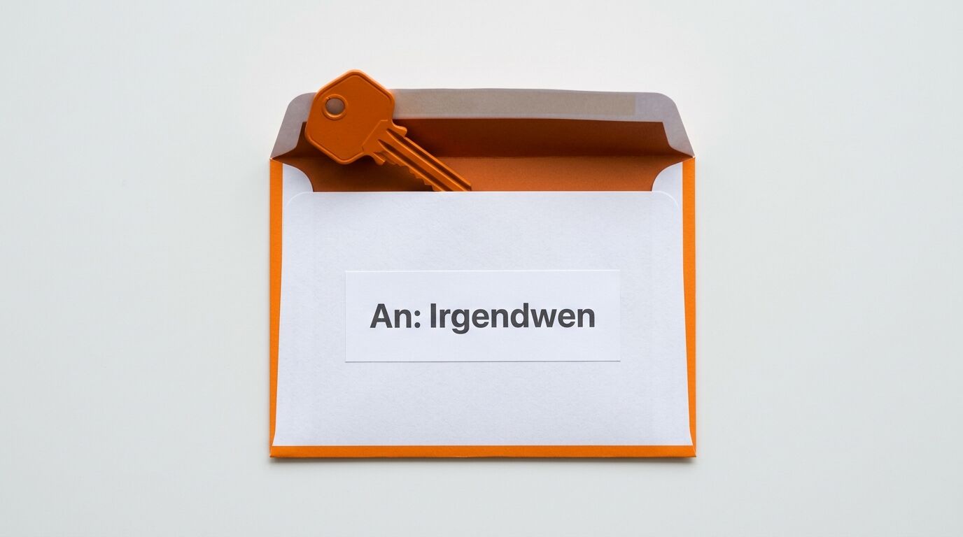 Orangefarbener Umschlag mit der Aufschrift „An: Irgendwen“ und einem orangen Schlüssel
