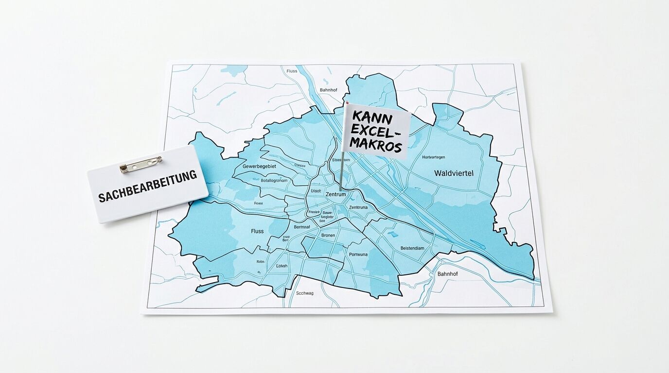 Ein Stadtplan mit einem Namensschild „SACHBEARBEITUNG“ und einer Fahne „KANN EXCEL-MAKROS“