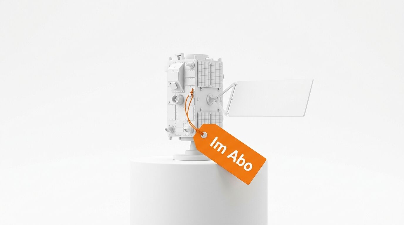 Ein weißes Satellitenmodell steht auf einem Sockel mit einem orangen Anhänger