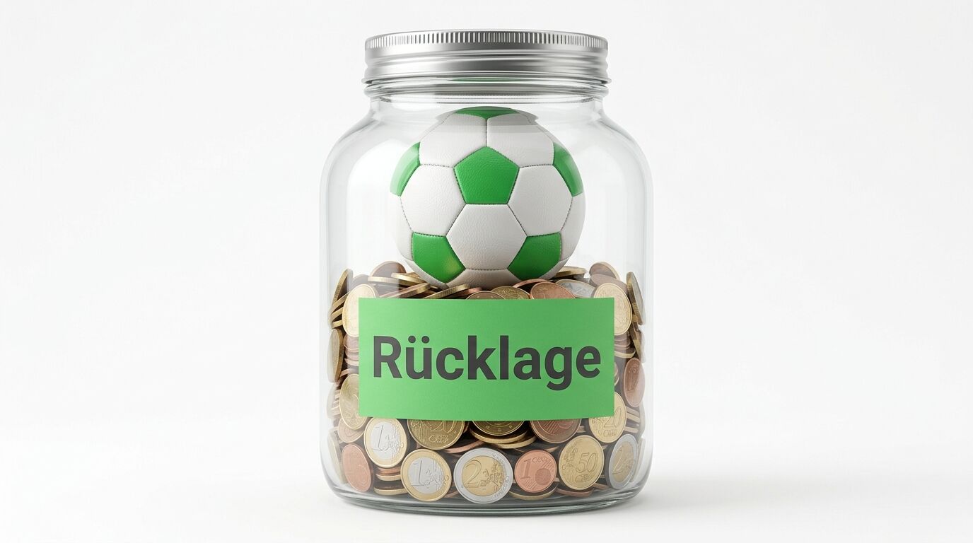 Ein Glas mit Münzen, Fußball und Aufschrift „Rücklage“