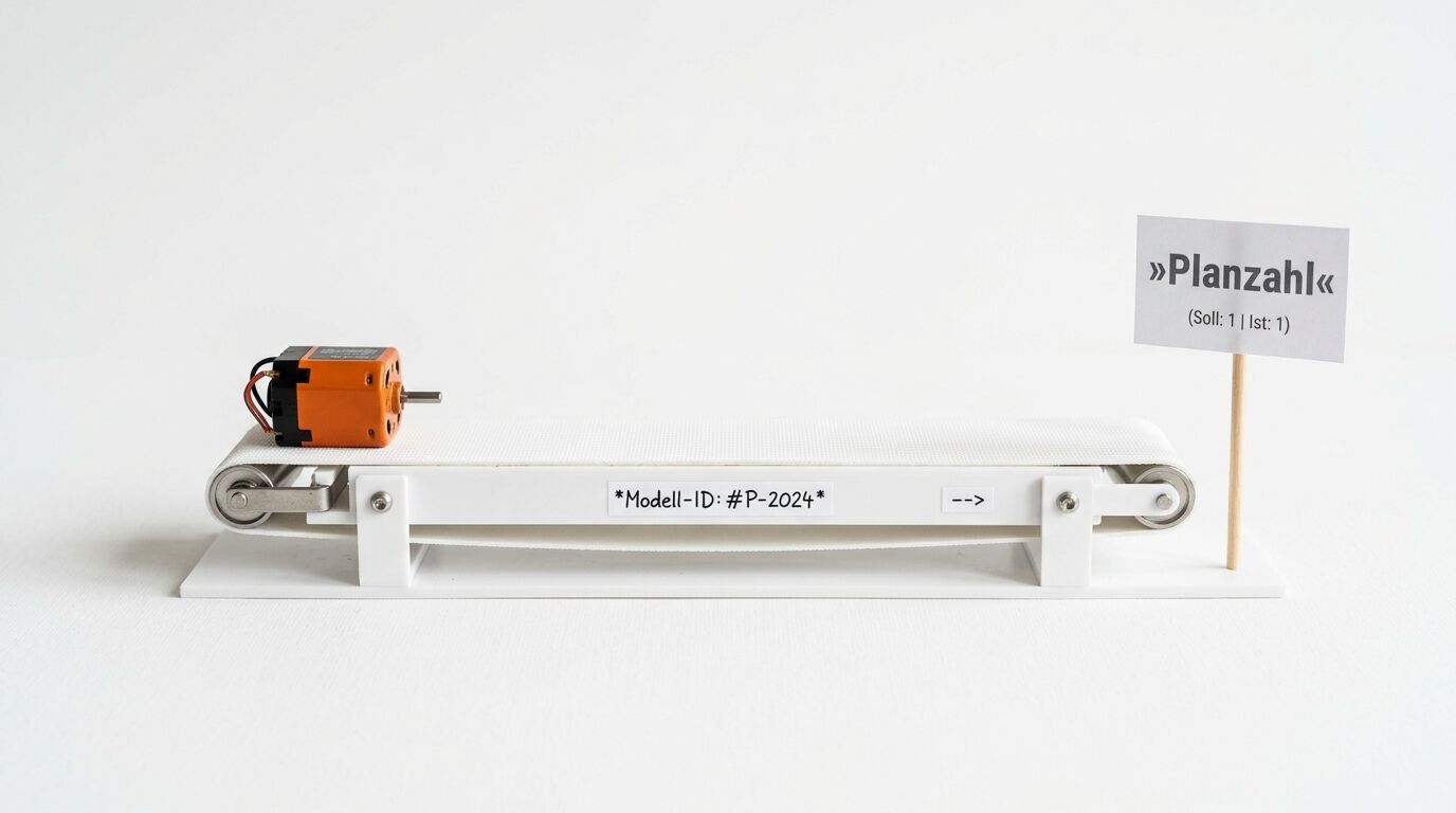 Modell eines Förderbands mit Motor und Schild, weißer Hintergrund
