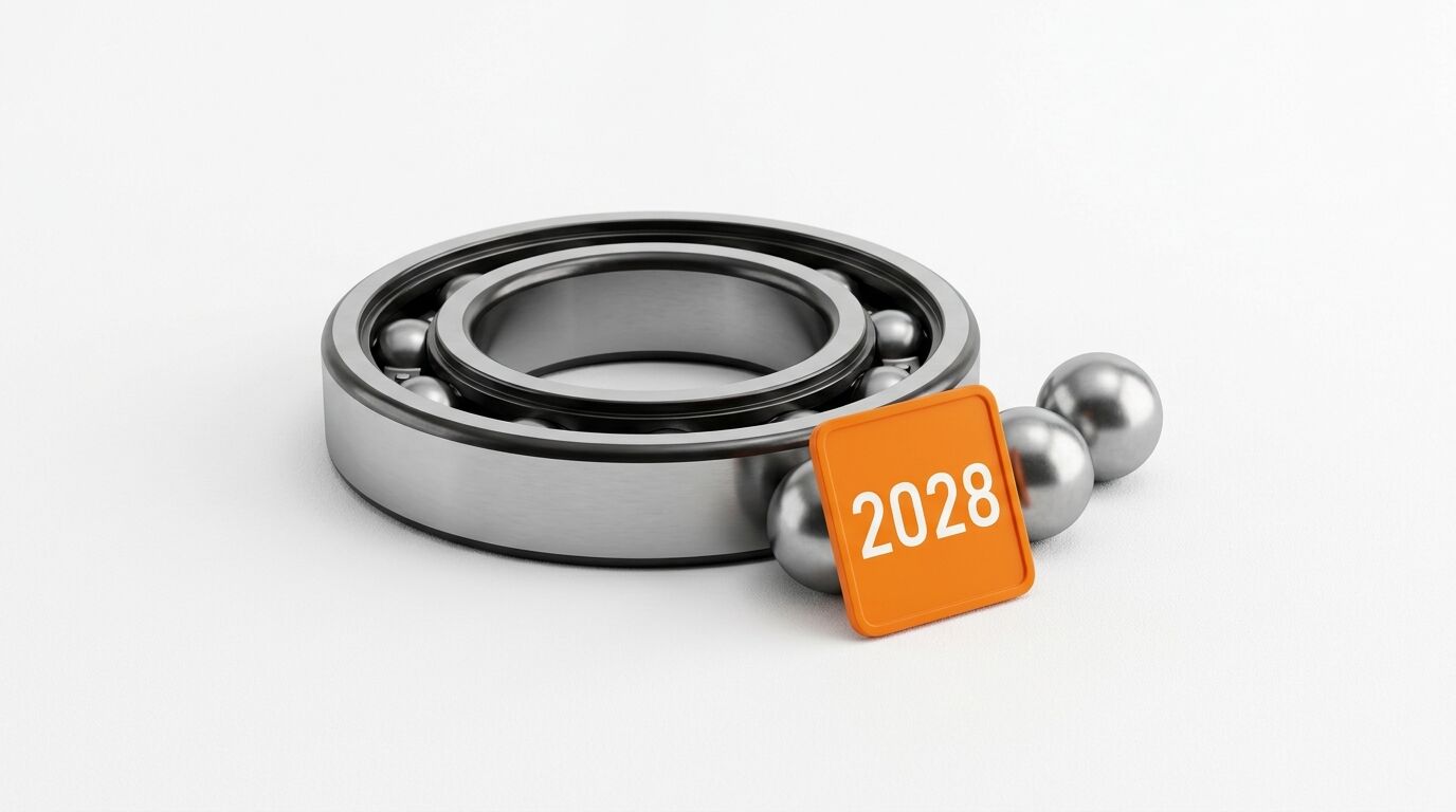 Ein Kugellager mit einem orangefarbenen Schild und der Jahreszahl 2028 darauf