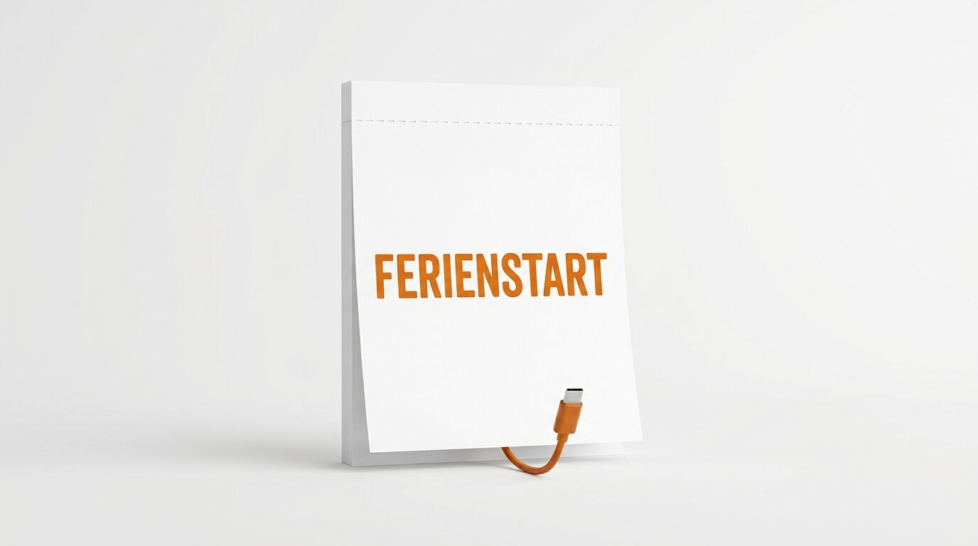 Block mit orangem Text „FERIENSTART“ und USB-C-Stecker auf weißem Hintergrund