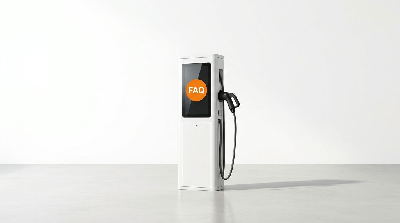 E-Ladestation mit Ladekabel und einem Bildschirm, der ein orangefarbenes FAQ-Symbol zeigt