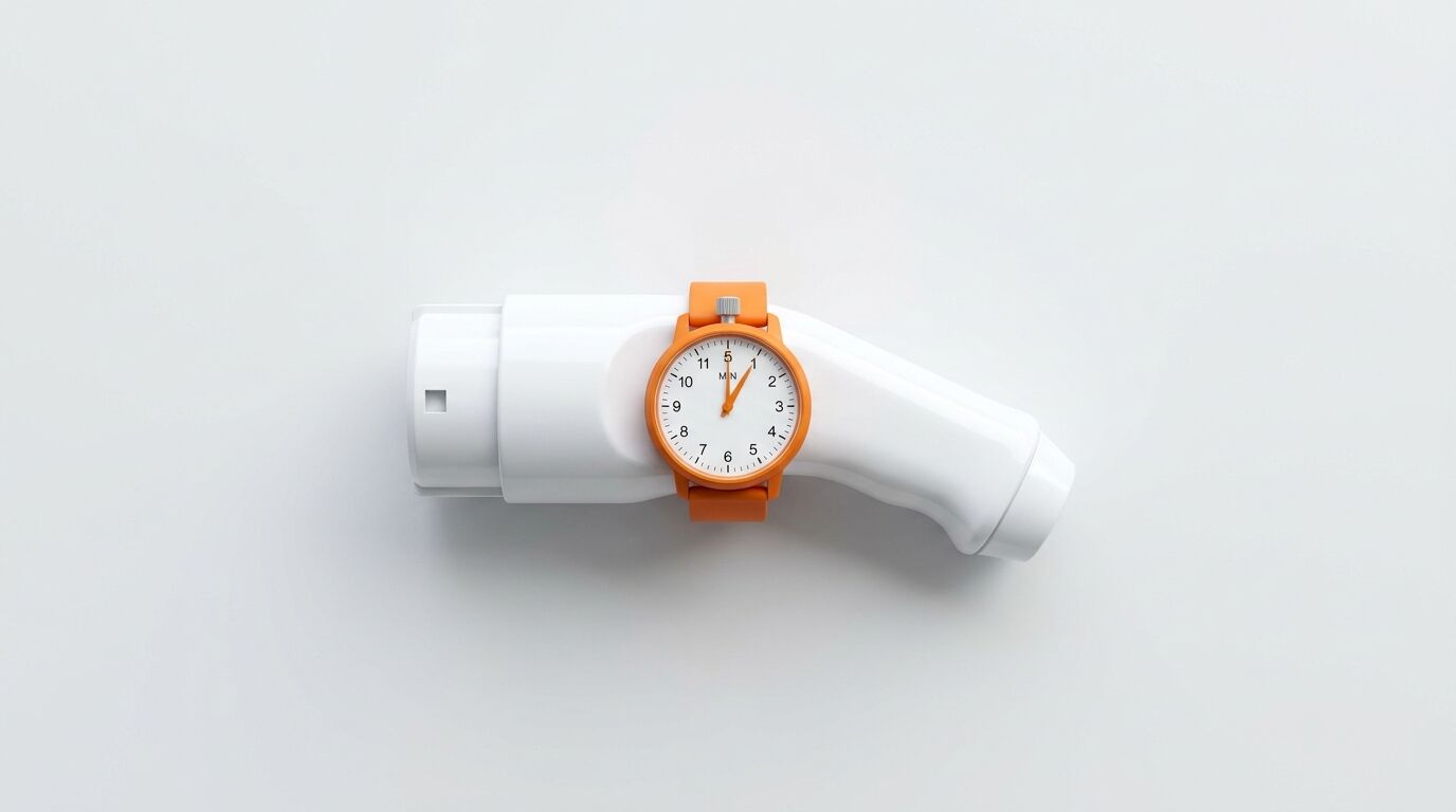 Eine orangefarbene Armbanduhr ist um einen weißen E-Auto-Ladestecker gewickelt