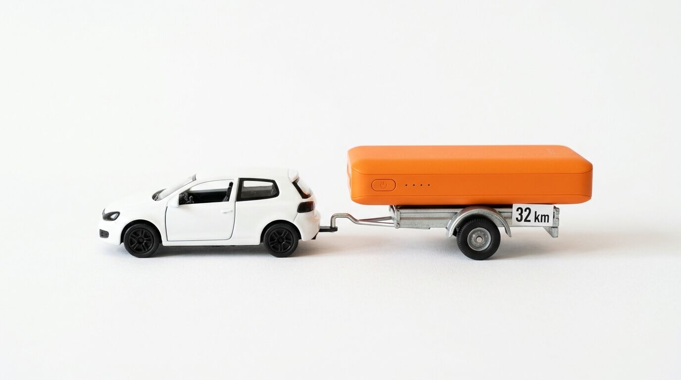 Ein weißes Spielzeugauto zieht einen Anhänger mit einer Powerbank und der Zahl 32 km