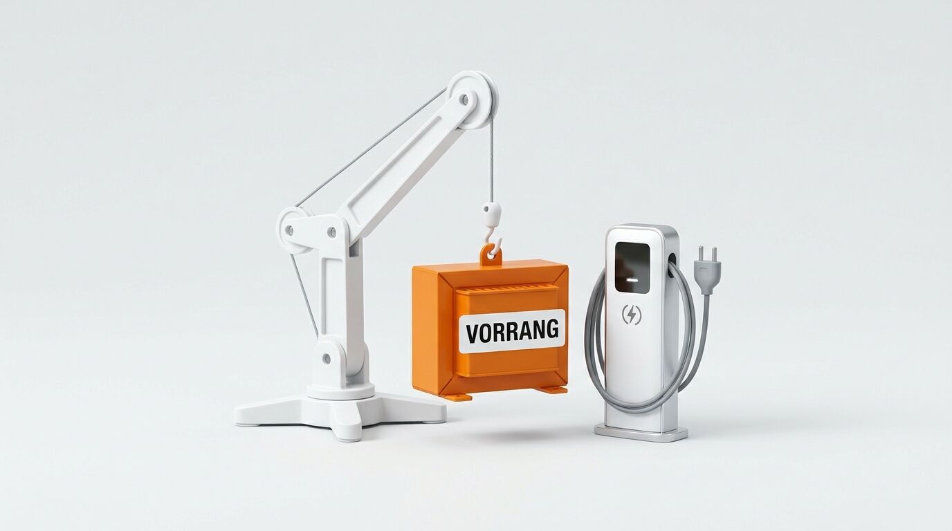 Miniaturkran hält Kiste mit Aufschrift VORRANG neben Ladesäule