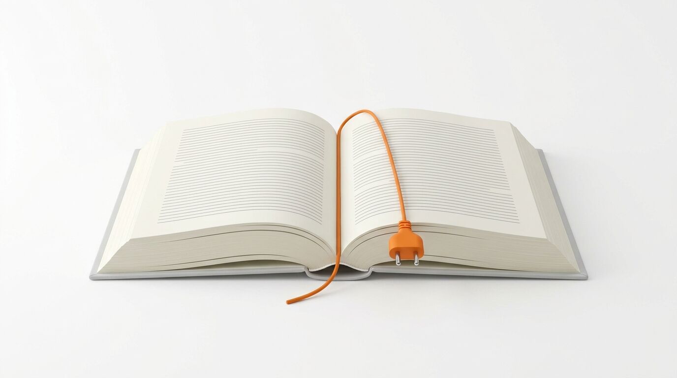 Aufgeschlagenes Buch, orangefarbenes Kabel mit Stecker als Lesezeichen