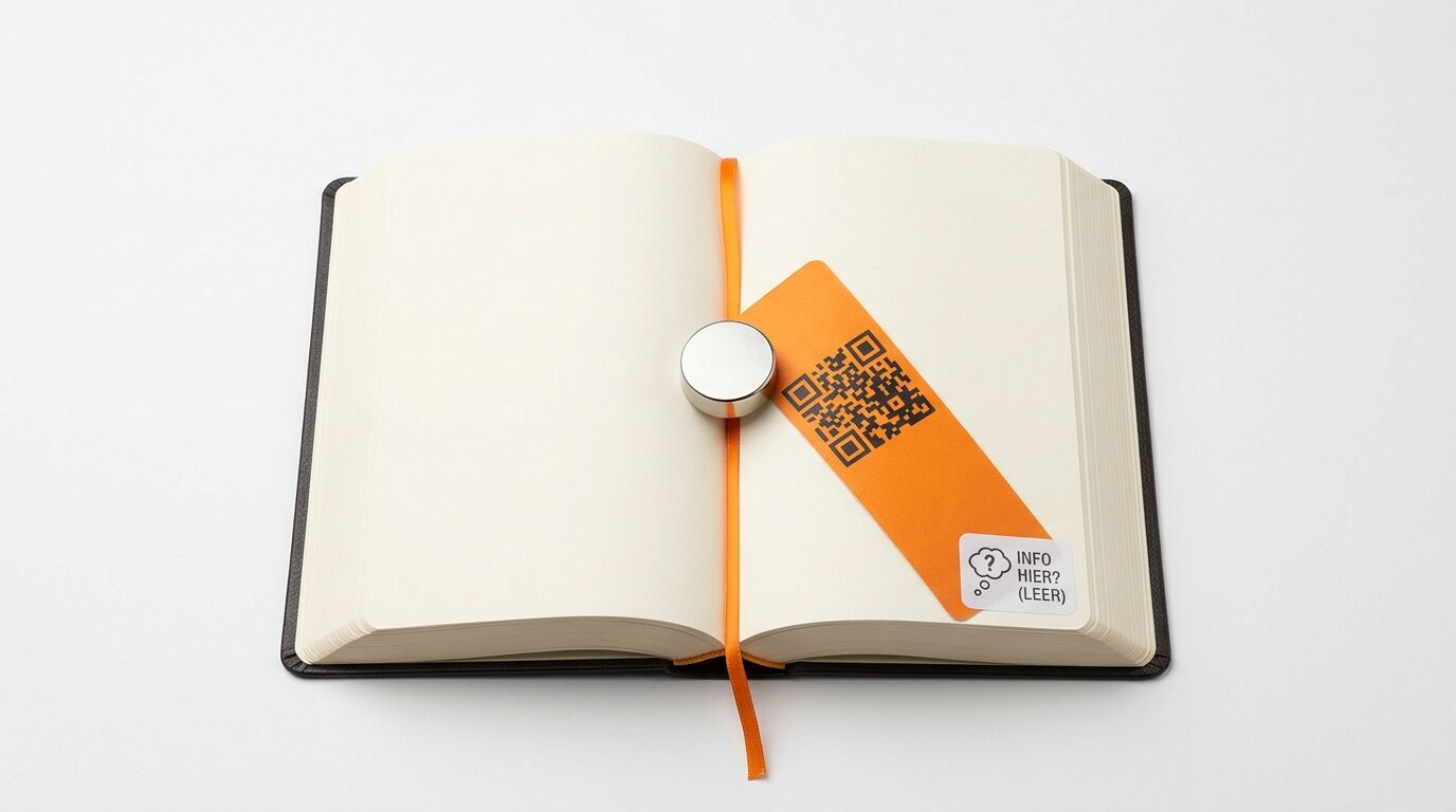Aufgeschlagenes Notizbuch mit leerem, orangem Lesezeichen mit QR-Code und Magnet