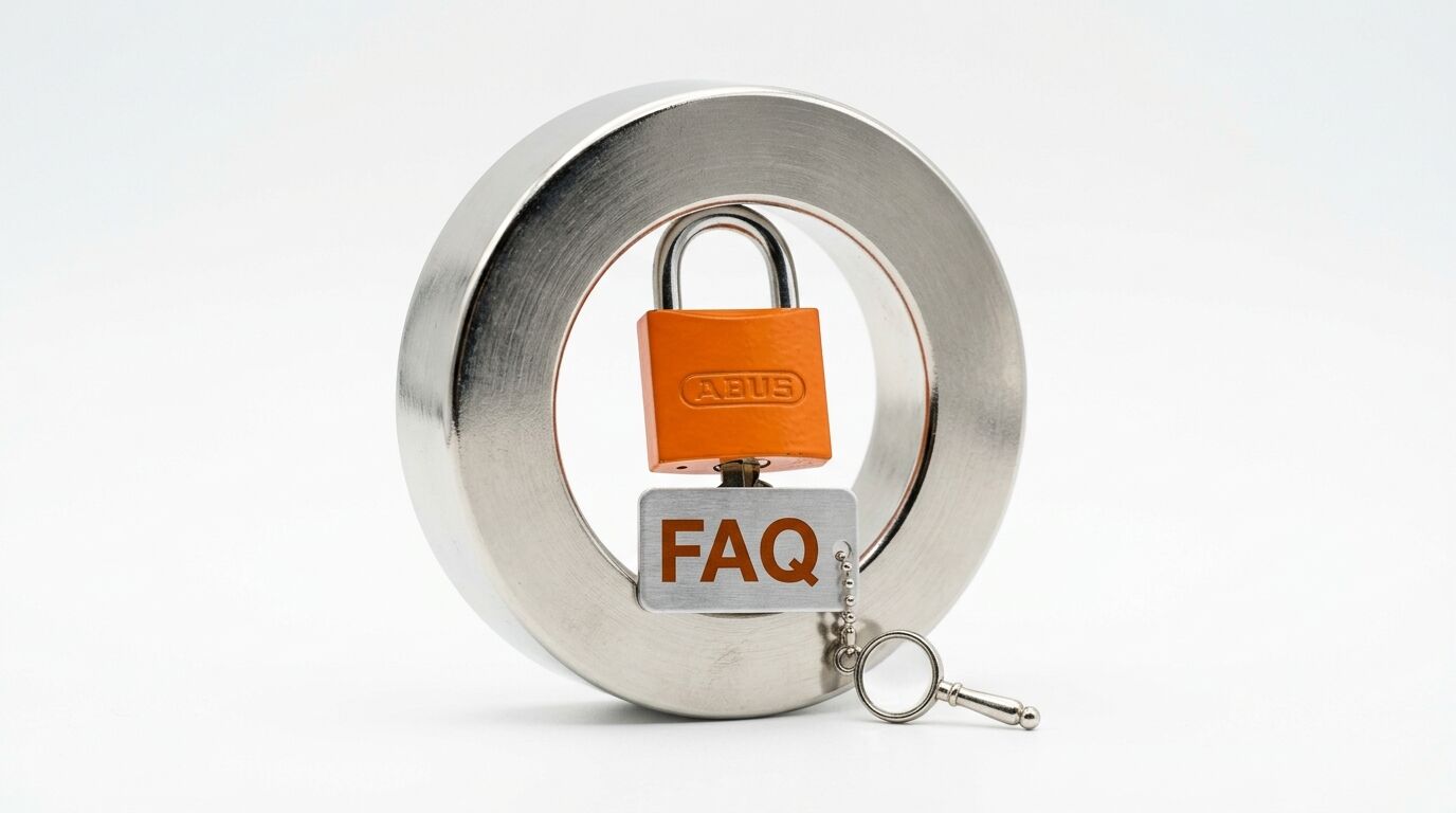 Orangefarbenes ABUS-Vorhängeschloss mit FAQ-Schild und Schlüssel vor Metallring