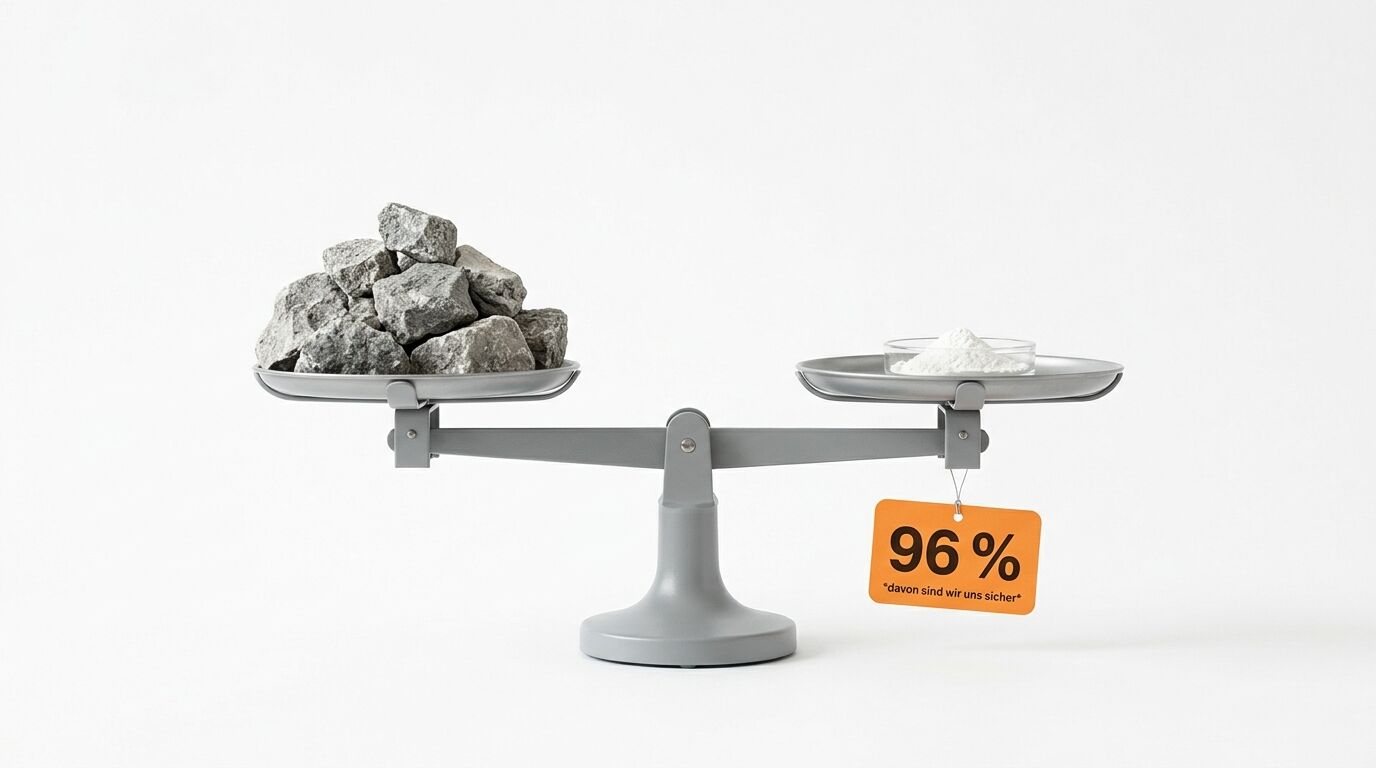 Eine Balkenwaage hält Schotter links und Pulver rechts mit einem „96 %“-Etikett im Gleichgewicht