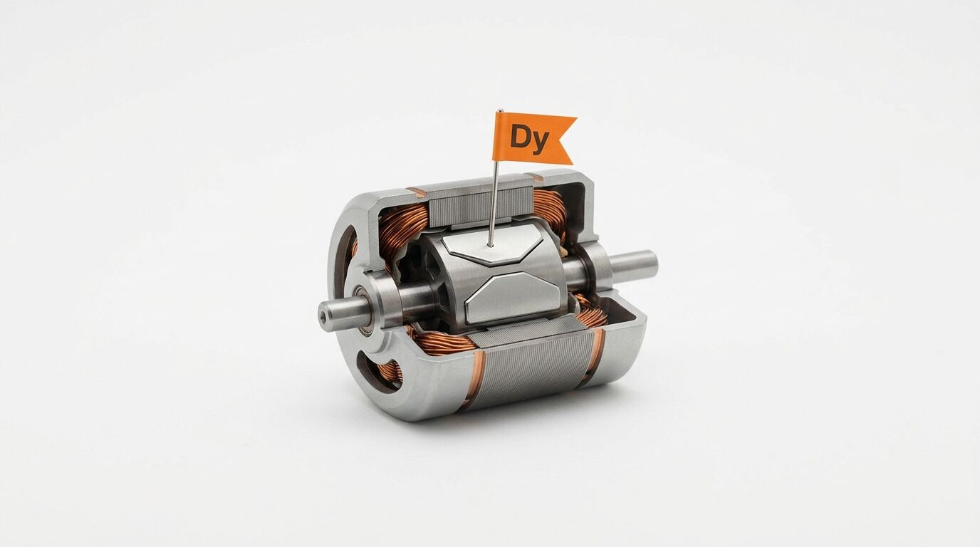 Schnittmodell eines Elektromotors mit einem kleinen, orangefarbenen Fähnchen mit der Aufschrift Dy