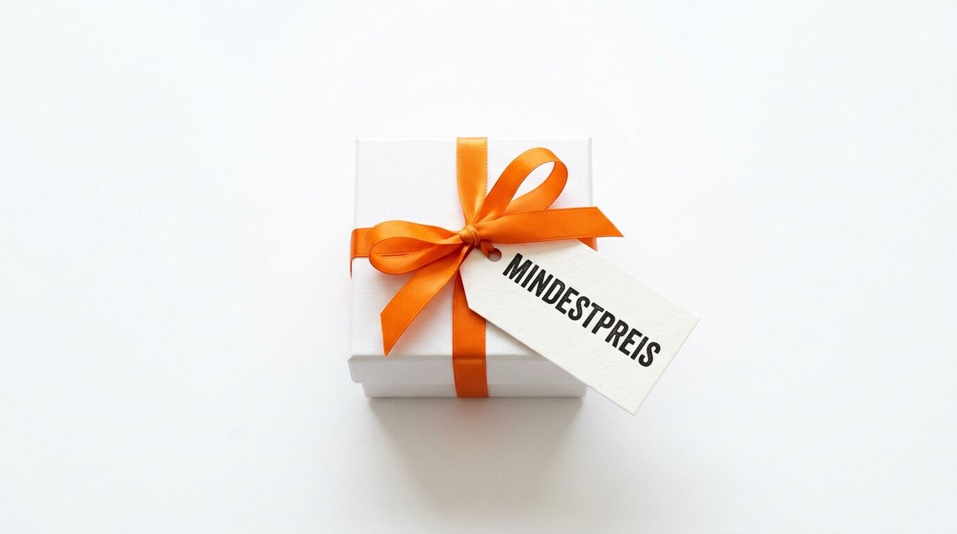 Weißes Geschenk mit orangem Band und einem Etikett „MINDESTPREIS“ auf weißem Grund