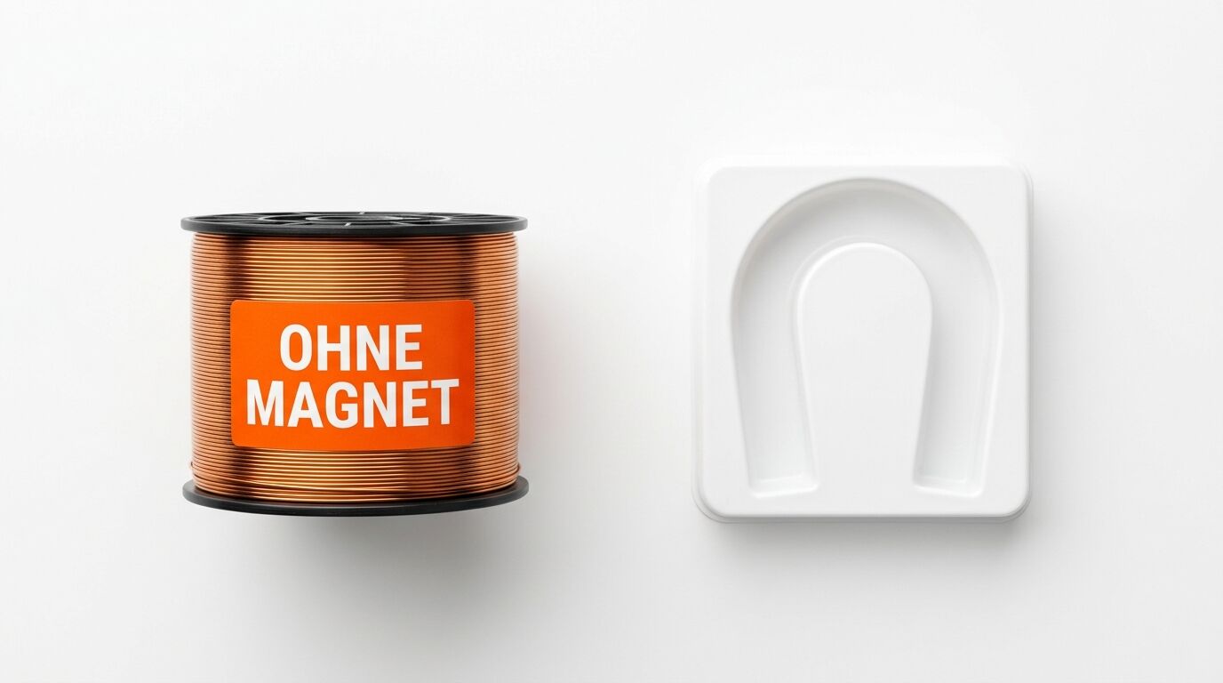 Spule mit Kupferdraht und Aufschrift OHNE MAGNET neben leerer Kunststoffverpackung