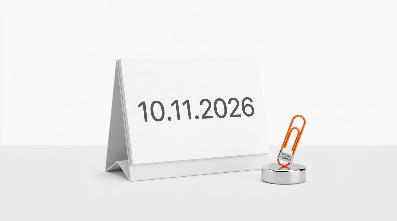 Weißer Aufsteller mit Datum 10.11.2026 und orangefarbener Memoclip daneben auf weißem Grund