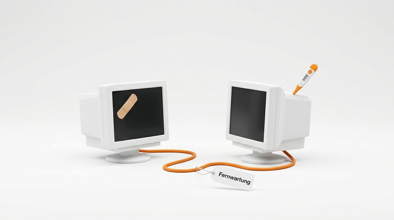Zwei verbundene CRT-Monitore mit Pflaster, Thermometer und „Fernwartung“-Schild