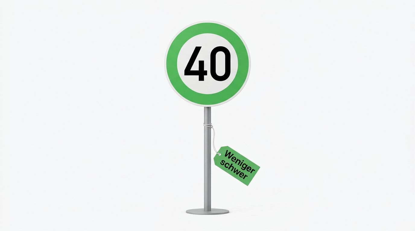 Grünes Schild mit der Zahl 40 und einem Anhänger mit der Aufschrift „Weniger schwer“
