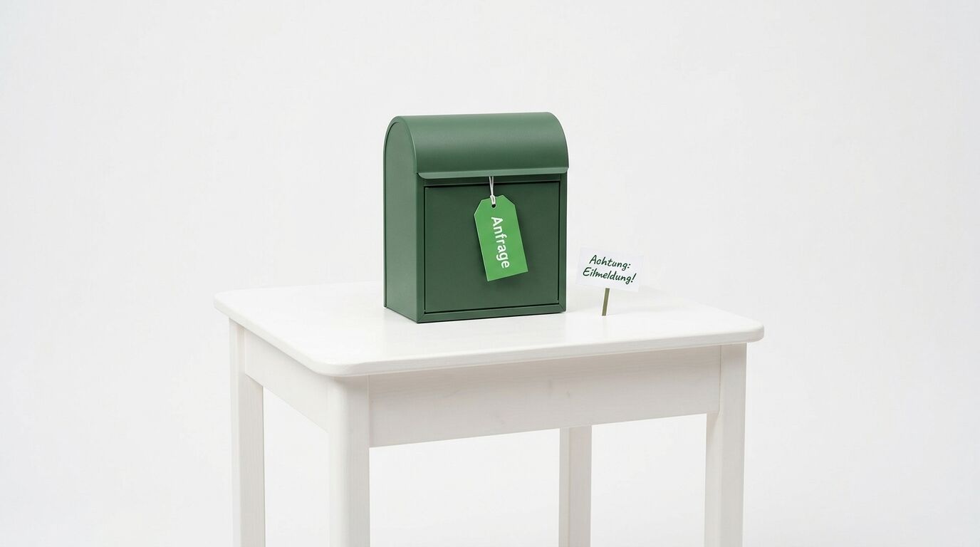 Grüner Briefkasten mit Anhänger und Schild vor weißem Hintergrund