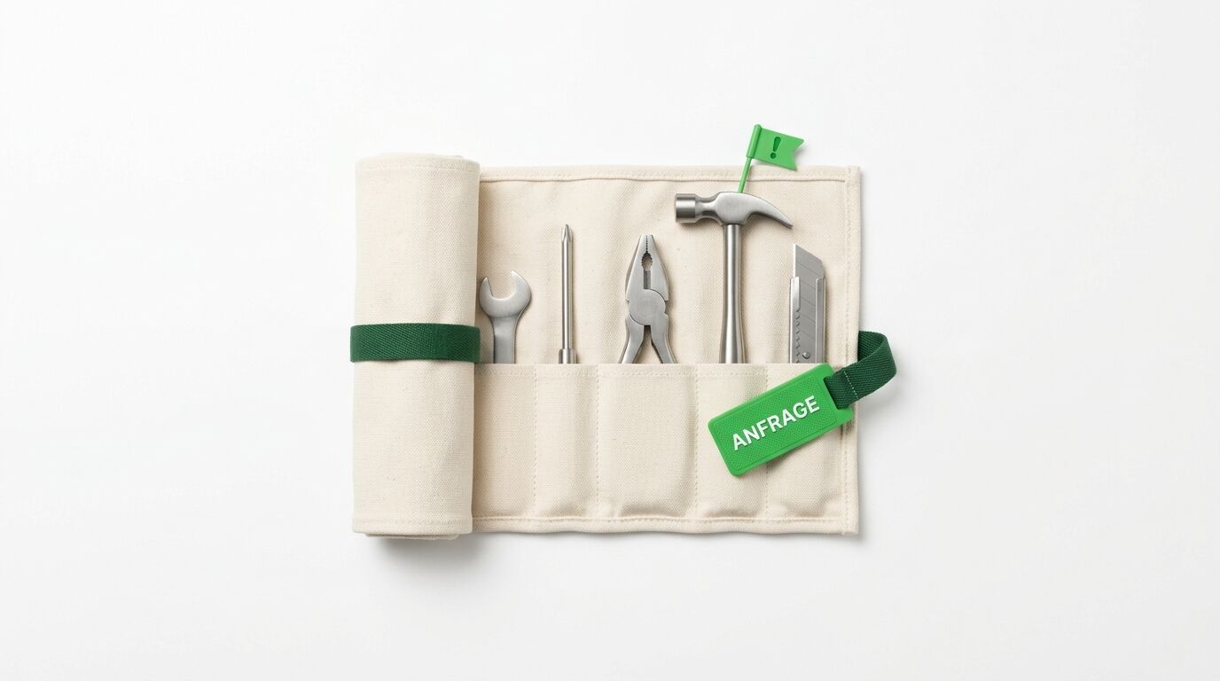 Geöffnete Werkzeugtasche aus Stoff mit Schraubenschlüssel, Zange, Hammer, Messer und Schild ANFRAGE