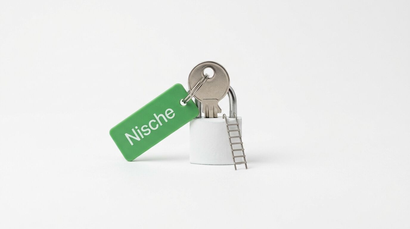 Schloss, Schlüssel, Leiter und grüner Anhänger mit Text „Nische“ vor weißem Hintergrund