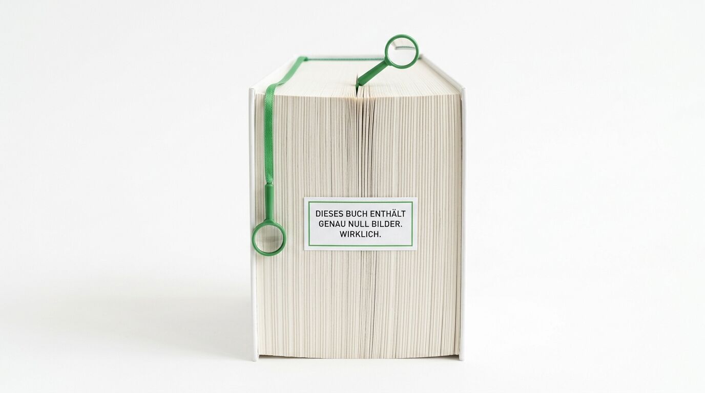 Aufrecht stehendes Buch mit Textlabel und zwei grünen Lesebändchen auf weißem Hintergrund