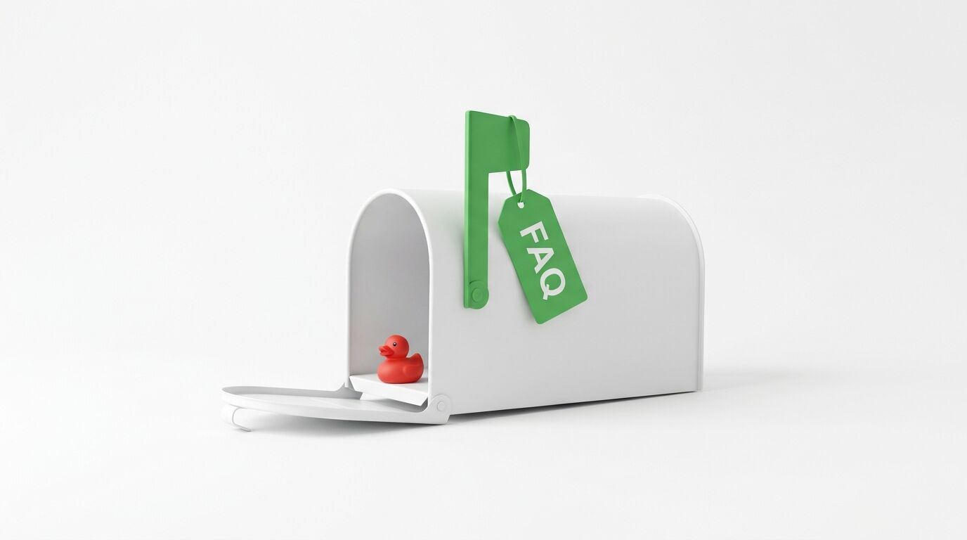 Briefkasten mit roter Ente und grünem FAQ-Schild