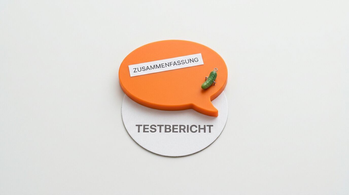 Orange Sprechblase, weiße Scheibe, Gurken-Pin, Texte „ZUSAMMENFASSUNG“, „TESTBERICHT“