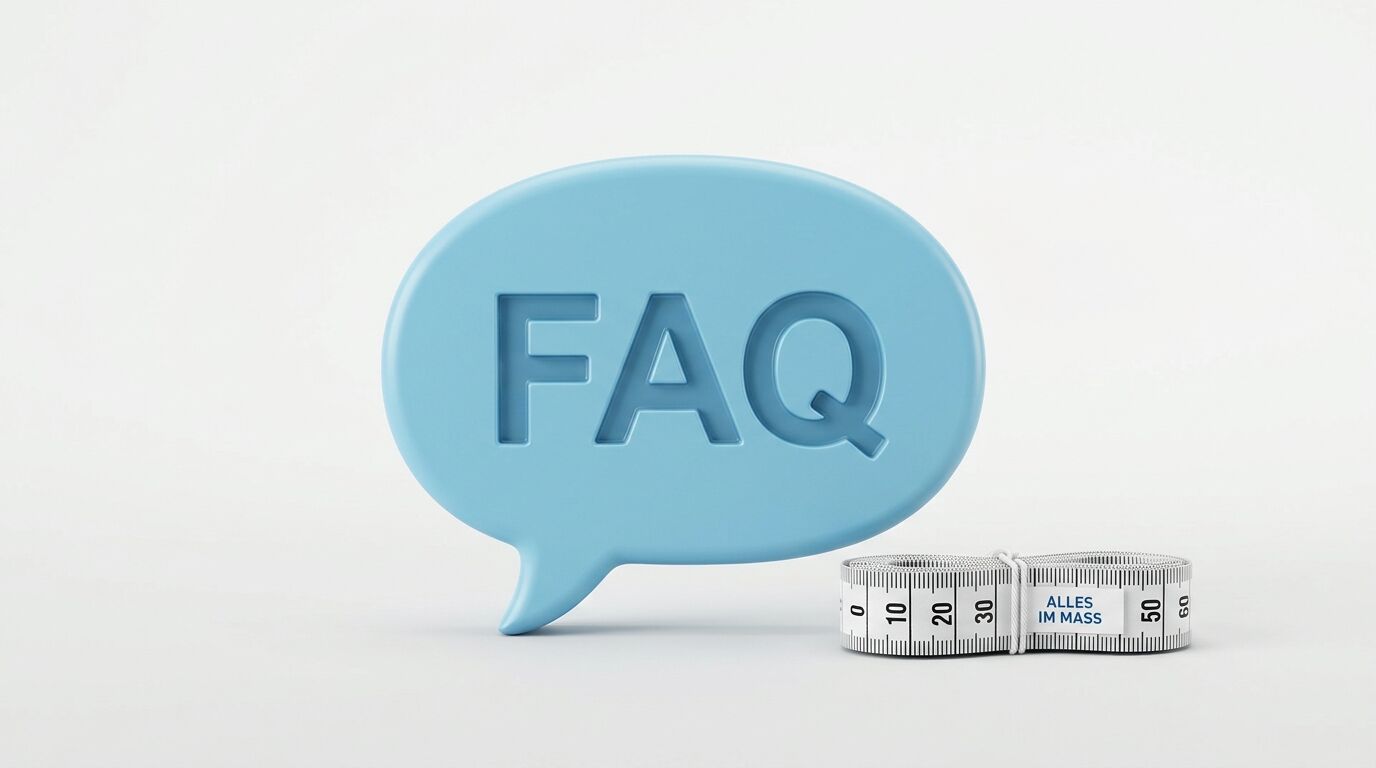 Blaue 3D-Sprechblase mit Aufschrift „FAQ“ und eingerolltes Maßband auf weißem Grund