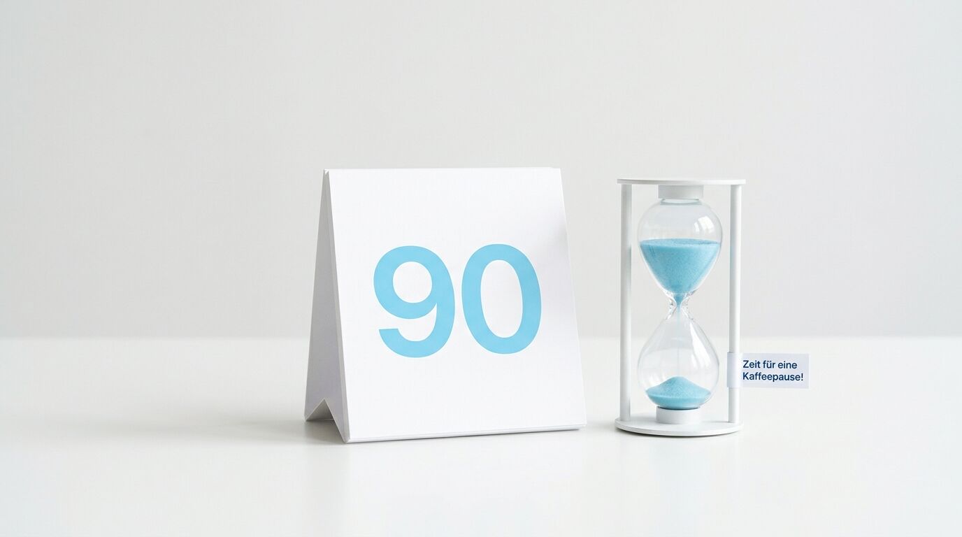 Ein Aufsteller mit blauer „90“, eine Sanduhr und ein Fähnchen „Zeit für eine Kaffeepause!“