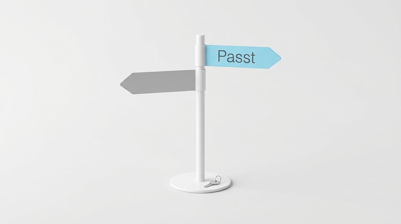 Ein Wegweiser-Modell mit zwei Pfeilen. Der blaue Pfeil zeigt nach rechts und hat die Aufschrift „Passt“. Der graue Pfeil zeigt nach links und ist leer. Ein Schlüsselpaar liegt auf dem runden Fuß des Modells. Der Hintergrund ist weiß