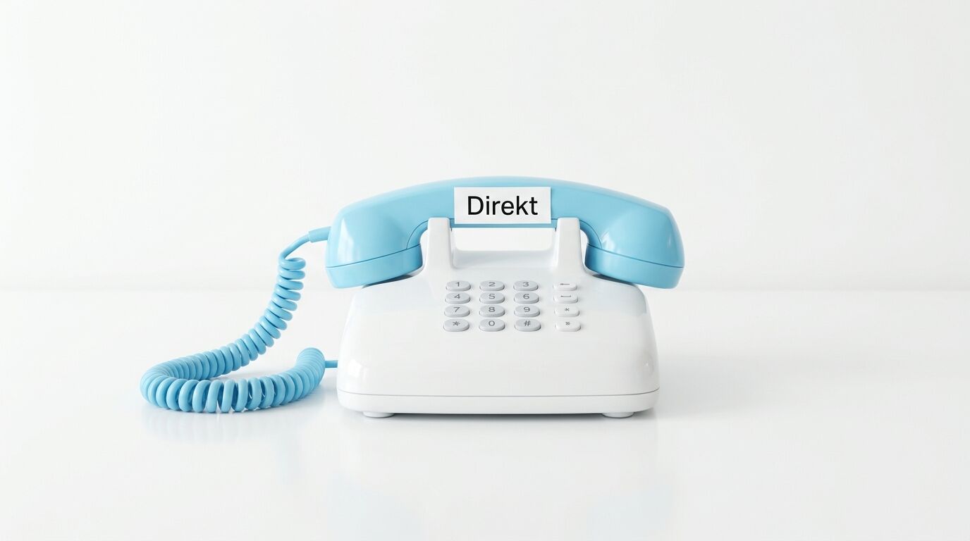 Ein blau-weißes Telefon mit Wählscheibe und einem Schild „Direkt“ auf weißem Hintergrund