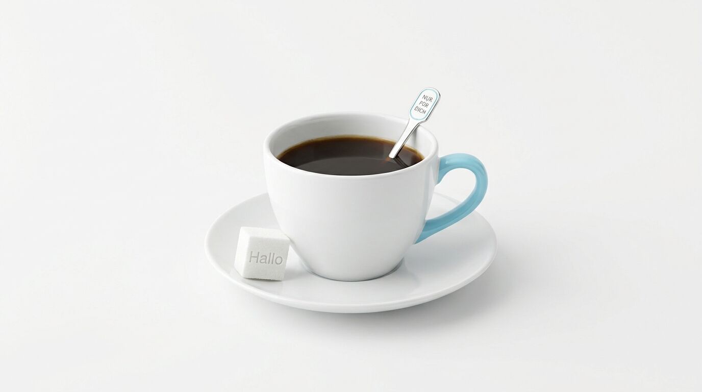 Kaffeetasse mit blauem Henkel, Löffel und Zuckerwürfel mit Aufschrift auf weißem Grund
